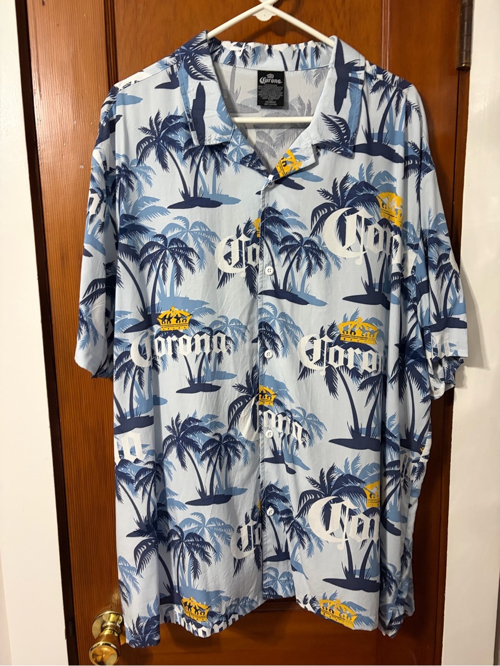 Corona Light Blue Palm-Print Button-Down with Yellow Logo Accents